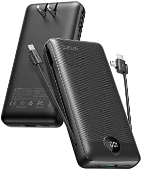 Portable Power Bank 20000mAh,VRURC 22.5W USB Port Fast Charging Portable Charger,Built-in AC Wall Plug, Micro&USB C Cables,4 Output Dual Input LED Display Integrated External Battery For Smart Devices