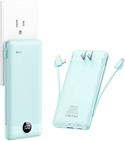 VRURC Portable Charger with AC Plug, 10000mAh Power Bank Built-in Cables, 5 Output Dual Input Smart LED Display, External Battery Compatible with iPhone, Android, Tablet etc-Green