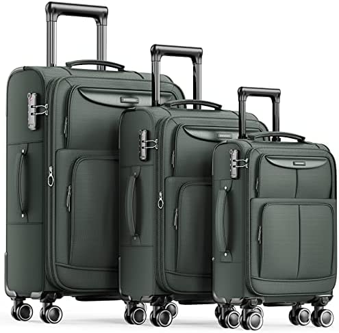 SHOWKOO Luggage Sets 3 Piece Softside Expandable Lightweight Durable Suitcase Sets Double Spinner Wheels TSA Lock Armygreen (20in/24in/28in)