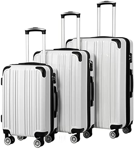Coolife Luggage Expandable 3 Piece Sets PC+ABS Spinner Suitcase 20 inch 24 inch 28 inch (white grid)