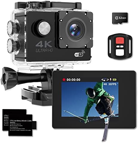 Adostob 4K 30fps Action Camera, 30m/98ft Ultra HD Waterproof Camera, 170° Wide Angle Underwater Cameras with WiFi, Sports Cameras with 2 Batteries, 32G SD Card, Mounting Accessories Kit