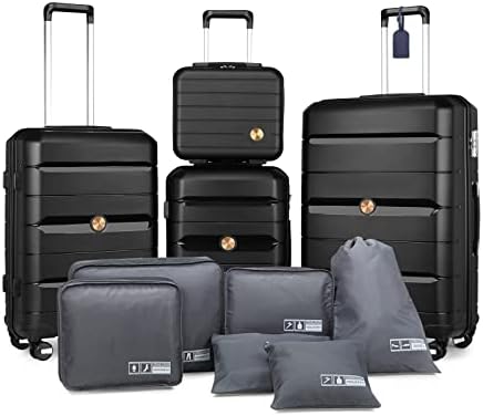 Somago Luggage Sets 3 Piece Spinner Hardside PP Suitcase with TSA Lock 4 Piece Set with 6 Set Packing Cubes for Travel (Classic Black)
