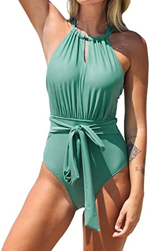 CUPSHE Womenâ€™s Tie Front One Piece Swimsuit High Neck Design with Removable Padding Green Bathing Suit