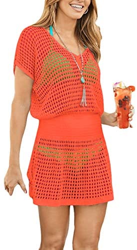 Bsubseach Women Crochet Hollow Out Swim Cover Ups Short Sleeve Beach Swimwear Tunic Dress