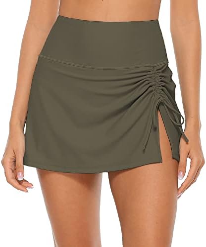ALove Womens High Waisted Split Swim Skirt Sporty Drawstring Skirted Swim Bottom with Built-in Panty