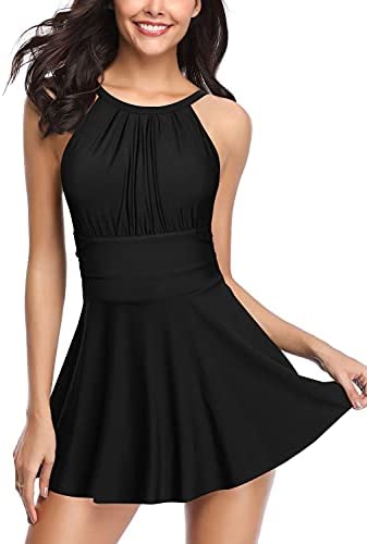 SHEKINI Womens Elegant One Piece Swimdress High Neck Swim Dress Ruched Swim Skirt