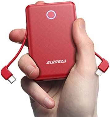 Alongza Portable Phone Charger Built in Cable 6000mAh Power Bank Small Battery Pack Lightweight USB Type C Slim External Backup Charger for Cell Phones