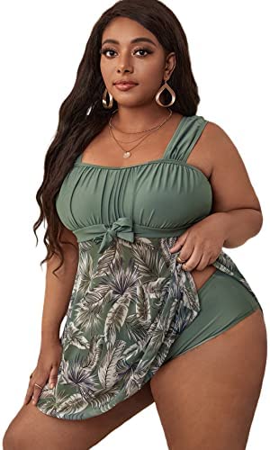 MakeMeChic Womenâ€™s Plus Size Tankini Swimsuit Plant Print Two Piece Bathing Suit