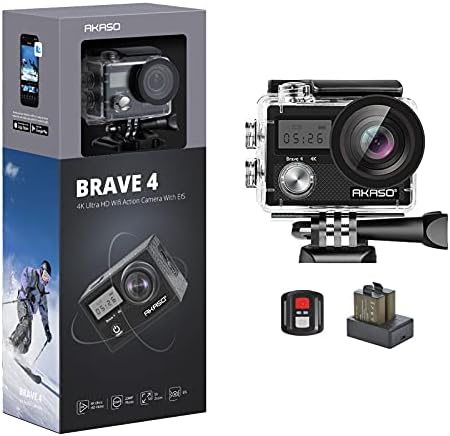 AKASO Brave 4 4K 20MP WiFi Action Camera Ultra HD with EIS 30m Underwater Waterproof Camera Remote Control 5X Zoom Underwater Camcorder with 2 Batteries and Helmet Accessories Kit