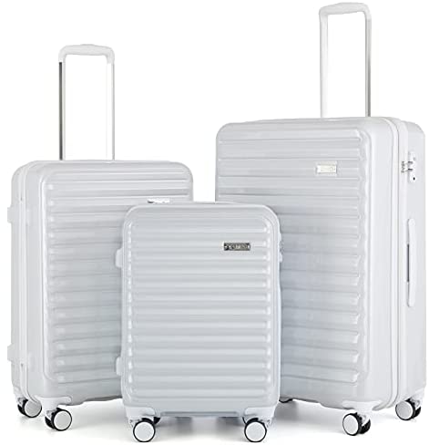 Coolife Luggage Suitcase 3 Piece Set expandable (only 28â€) ABS+PC Spinner suitcase with TSA Lock carry on 20 in 24in 28in (white grid)