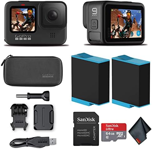 GoPro HERO9 Black â€“ Waterproof Action Camera with Front LCD and Touch Rear Screens, 5K HD Video, 20MP Photos, 1080p Live Streaming, Stabilization + Sandisk 64GB Card and Extra Battery