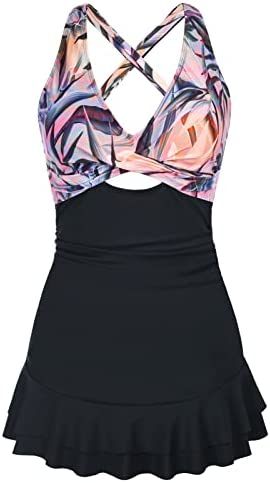 JASAMBAC Womenâ€™s Tummy Control Swimdress Swimsuits Two Piece V Neck Crisscross Self Tie Tankini Bathing Suits
