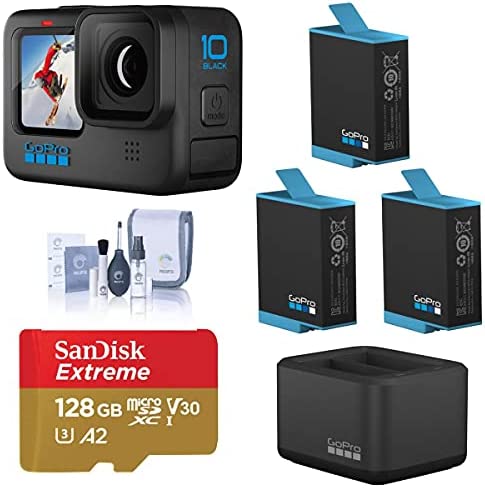 GoPro HERO10 Black, Waterproof Action Camera, 5.3K60/4K Video, 1080p Live Streaming, Power Bundle with Dual Charger, 3 Extra Battery, 128GB microSD Card, Cleaning Kit