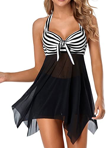 Holipick Women Two Piece Swim Dress Swimsuit Mesh Halter Bathing Suit Dress Skirt Push Up Underwire Tankini with Boyshort