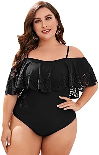 MakeMeChic Womenâ€™s Plus Size Off Shoulder One Piece Swimsuit Ruffle Hem Bathing Suit
