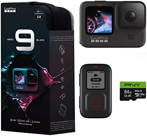 GoPro HERO9 Black + Smart Remote + PNY Elite-X 64GB microSDHC Card Adapter-UHS â€“ Waterproof Action Camera with Front LCD and Touch Rear Screens, 5K Ultra HD Video, 20MP Photos