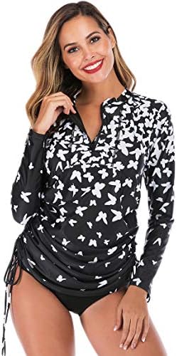 Akaeys Women?s Long Sleeve Rash Guard Swim Shirt Side Adjustable Zip Front Sun Protection Tops with Bottoms