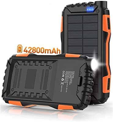 Solar Power Bank,Solar Charger,42800mAh Power Bank,Portable Charger,External Battery Pack 5V3.1A Qc 3.0 Fast Charging Built-in Super Bright Flashlight (Orange)