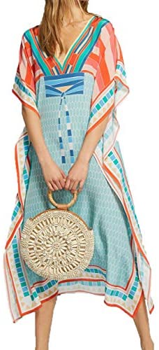 Bsubseach Women Bathing Suit Cover Up Ethnic Print Kaftan Beach Maxi Dresses