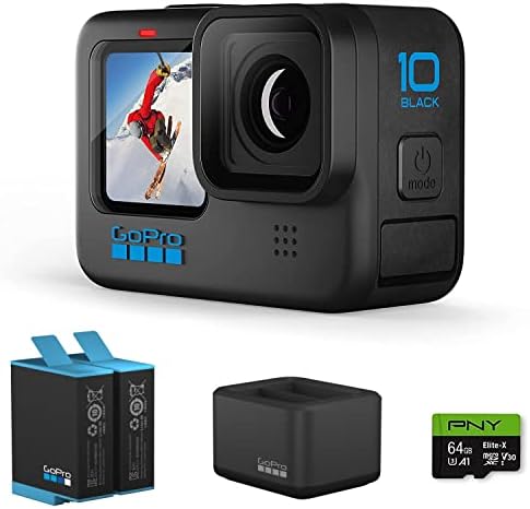 GoPro HERO10 Black Bundle + Dual Battery Charger + 1 Extra Battery + 64GB SD Card â€“ E-Commerce Packaging â€“ Waterproof Action Camera with Front LCD & Touch Rear Screens, 5.3K60 Ultra HD Video