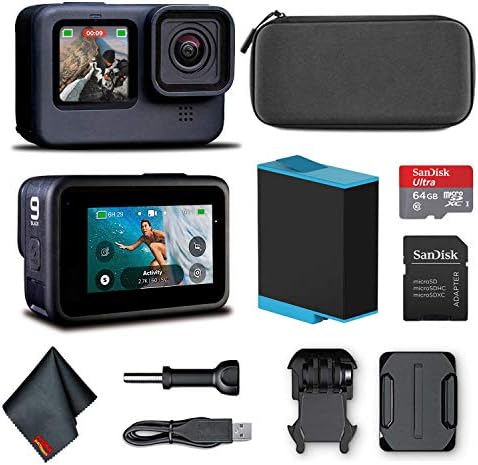 GoPro HERO9 Black â€“ Waterproof Action Camera with Front LCD and Touch Rear Screens, 5K HD Video, 20MP Photos, 1080p Live Streaming, Stabilization + Sandisk 64GB Card and Cleaning Cloth
