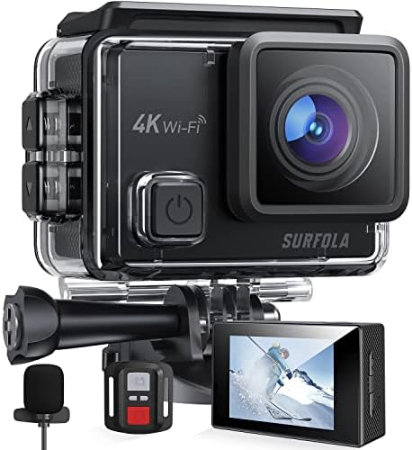 Surfola Action Camera, 4K/30FPS 20MP WiFi, Anti-Shake EIS Waterproof Camera Underwater 131ft, Remote Control External Microphone with 2 Batteries and Helmet Accessories Kit, SF230