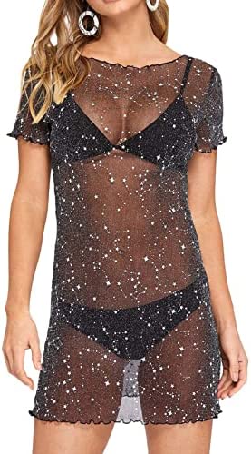 Floerns Womenâ€™s Star Lettuce Trim Mesh See Through Glitter Dress Without Bra