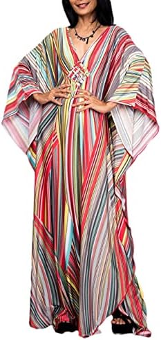 Bsubseach Women Ethnic Print Kaftan Beach Dress Plus Size Swimsuit Cover Up