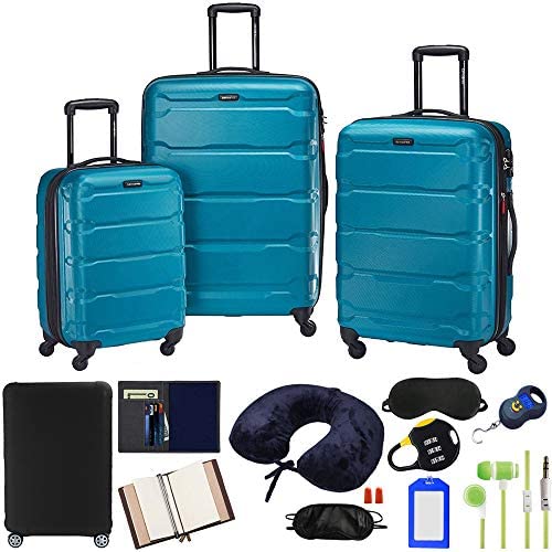 Samsonite 68311-2479 Omni Hardside Luggage Nested Spinner Set 20 Inch, 24 Inch, 28 Inch â€“ Caribbean Blue Bundle w/Deco Gear Luggage Accessory Kit (10 Item)