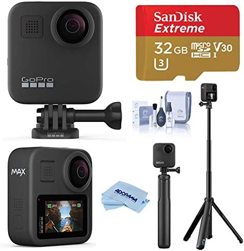 GoPro MAX Waterproof 360 Camera 5.6K30 UHD Video 16.6MP Photos 1080p Live Streaming Travel Bundle with Grip + Tripod, 32GB microSD Card, Cleaning Kit