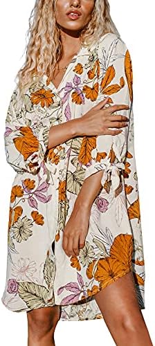 CUPSHE Women Floral Shirt Dress Cover Up Beach Dress 3/4 Sleeve Button Down Midi Length Dress White Yellow