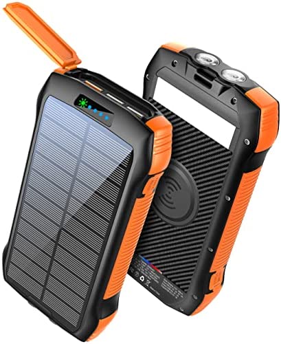 Solar Power Bank, MOSKIZ Portable Charger 33500mAh QC3.0 18W PD 20W Fast Charging, Portable Phone Charger with 10W Wireless 5 Outputs IP67 Waterproof 6W Bright Flashlight for iPhone Samsung etc.