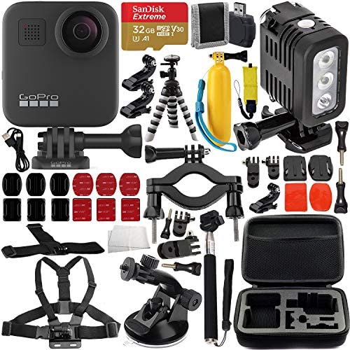 GoPro MAX 360 Action Camera with Premium Accessory Bundle â€“ Includes: SanDisk Extreme 32GB microSDHC Memory Card, Rechargeable Underwater LED Light, Protective Carrying Case & Much More
