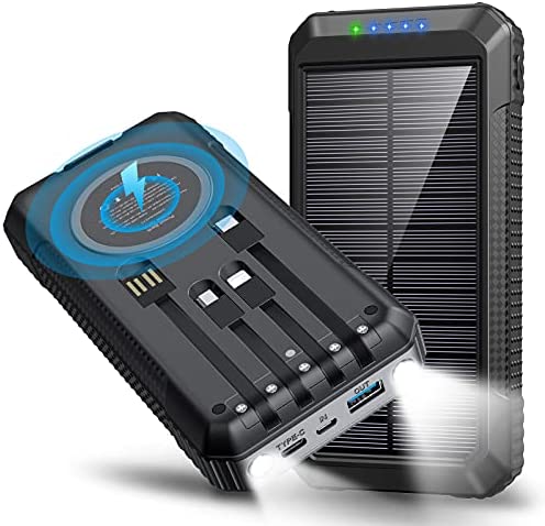 Coolezx Portable Charger 33800mAh, 22.5W & PD18W Fast Charging Solar Power Bank with Built-in Cables, 15W Qi Wireless Solar Charger, External Battery Pack with LED Flashlights for iPhone, Samsung.