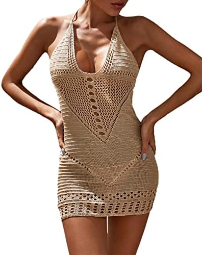 Verdusa Womenâ€™s Hollow Out Halter Knitted Beach Swimwear Bikini Cover Up Dress