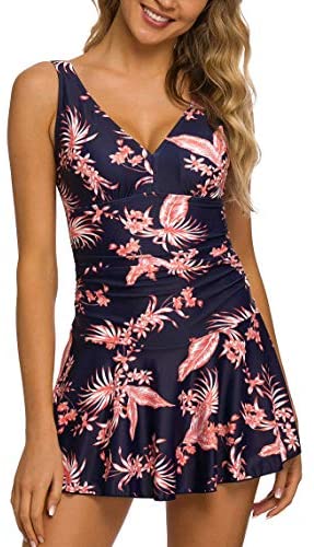 COSKAKA Womenâ€™s One Piece Skirt Swimsuit Ruched Retro Swimming Dress Tummy Control Bathing Suit