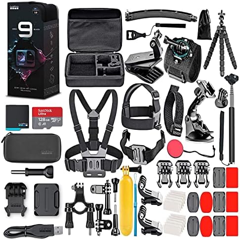 GoPro HERO9 Black â€“ Waterproof Action Camera with Front LCD, Touch Rear Screens, 5K Video, 20MP Photos, 1080p Live Streaming, Stabilization + 128GB Card and 50 Piece Accessory Kit.