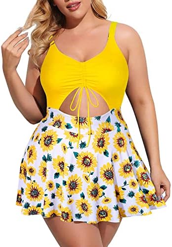 Yonique Women Plus Size One Piece Swimsuits with Skirt V Neck Floral Printed Swimdress Cutout Bathing Suits