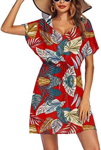 Ekouaer Womenâ€™s Cover Up Short Sleeve Beachwear Coverups Loose V-Neck Bikini Beach Tunic Top XS-3XL
