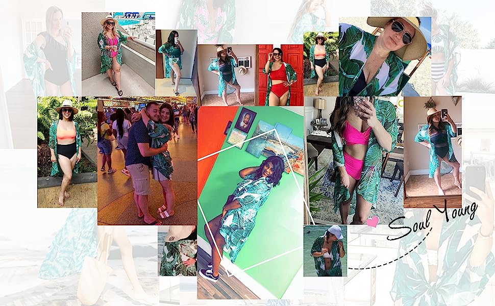 green kimono palm leaf Floral beach cover up womens gifts open front Cardigan Maxi Dress