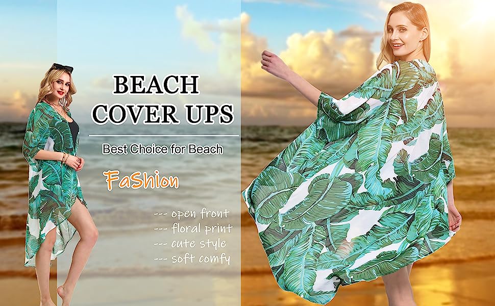 beach coverups womens Floral Kimono mothers day gifts open front Cardigan Maxi Dress green leaf palm
