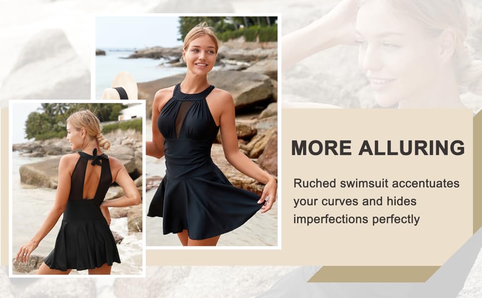 V high neck mesh skirted swimdrees women plus size one piece  bathing suit tummy control swimwear