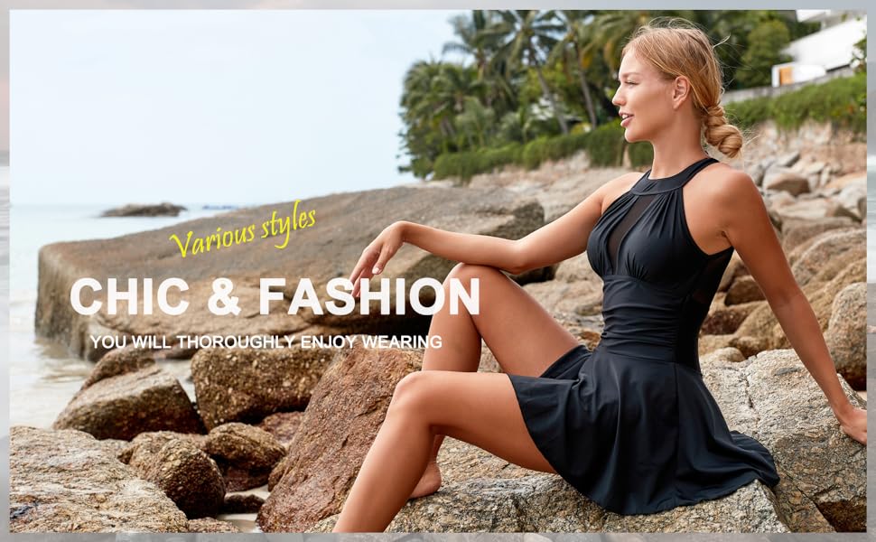 V high neck mesh skirted swimdrees women plus size one piece  bathing suit tummy control swimwear