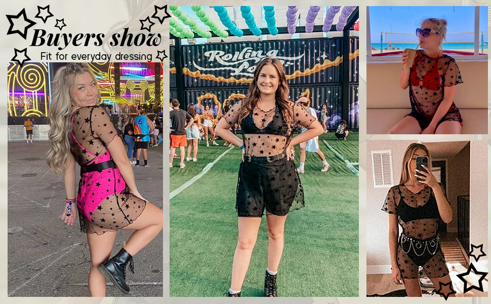 Floerns Women's Star Lettuce Trim Mesh See Through Glitter Dress Without Bra