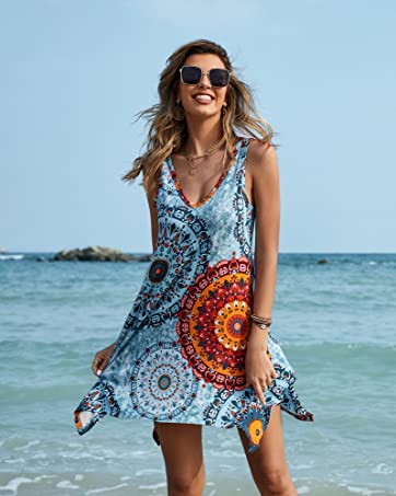 POPYOUNG Women's Swimsuit Cover Ups Summer Swing Casual Beach Dress