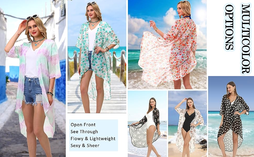 Beach cover up green Kimono Beachwear palm leaf ref floralchiffon sheer bohemian pool summer