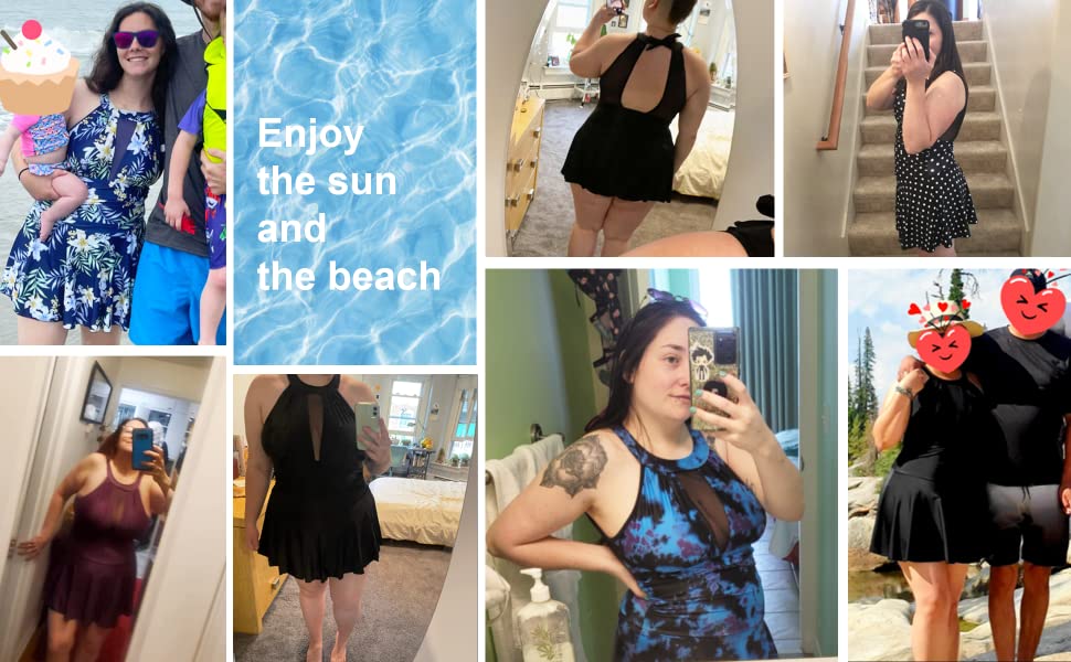 V high neck mesh skirted swimdrees women plus size one piece  bathing suit tummy control swimwear