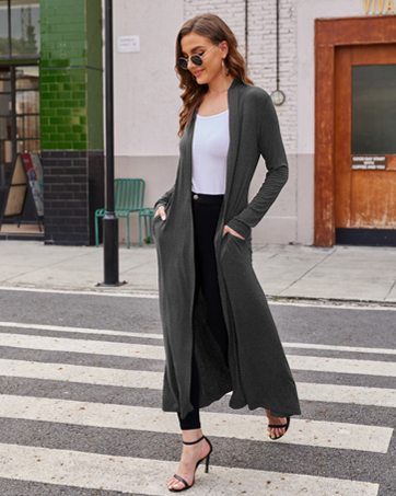 Women Floor Length Open Front Drape Cardigan Lightweight Long Sleeve Maxi Duster with Pockets