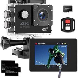 Adostob 4K 30fps Action Camera, 30m/98ft Ultra HD Waterproof Camera, 170° Wide Angle Underwater Cameras with WiFi, Sports Cameras with 2 Batteries, 32G SD Card, Mounting Accessories Kit