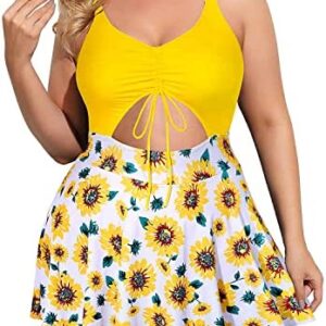 Yonique Women Plus Size One Piece Swimsuits with Skirt V Neck Floral Printed Swimdress Cutout Bathing Suits